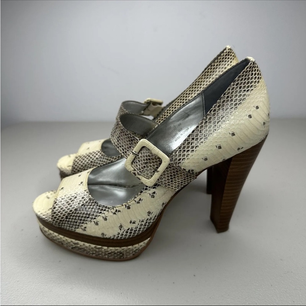 Calvin Klein Kaycie Pumps Size 6 M Cream Snake Mary Jane Peep Toe High Heel Shoe